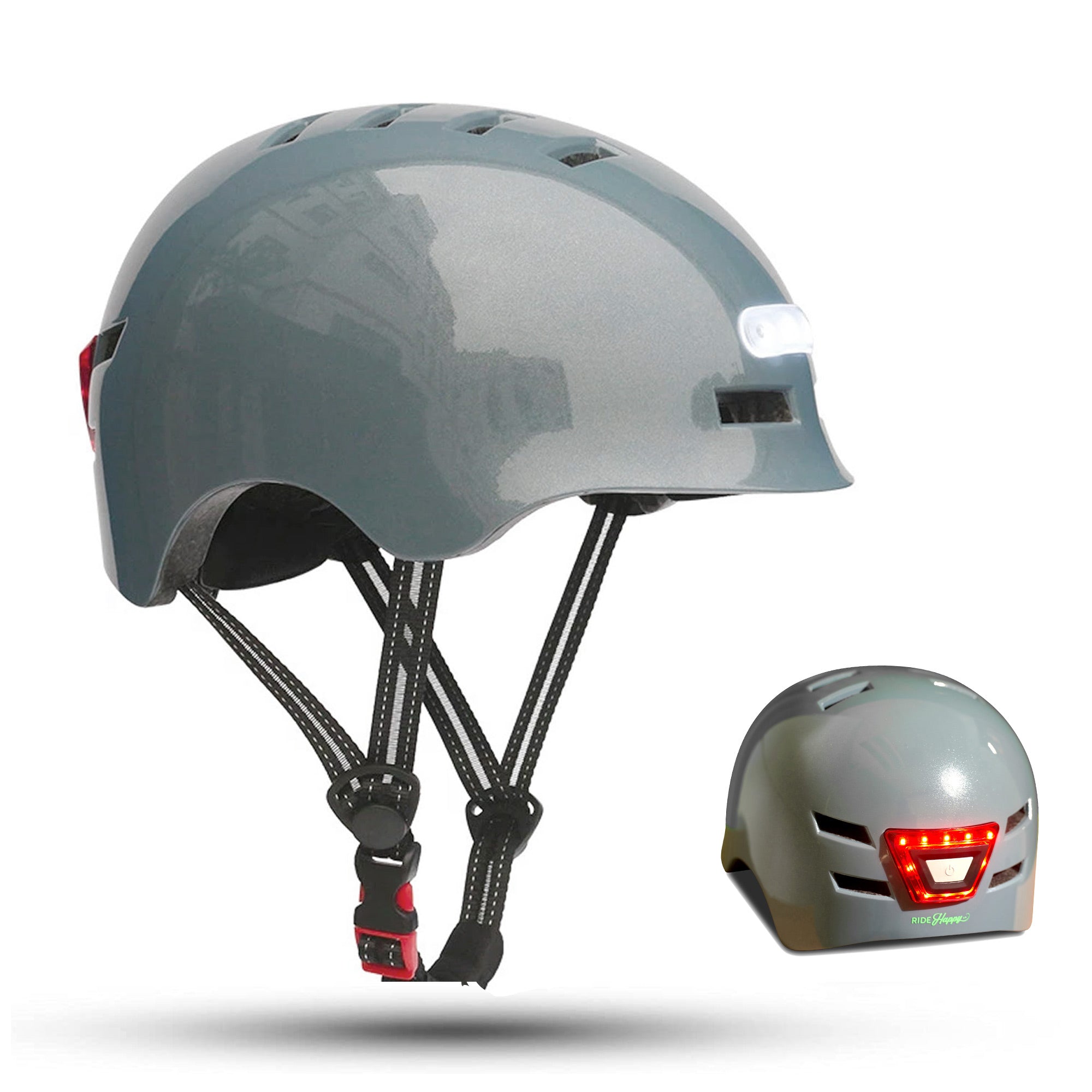 Bike Helmet with USB Rechargeable Lights Medium/Large / Glossy Grey Bike Helmet with USB Rechargeable Lights Medium/Large / Glossy Grey