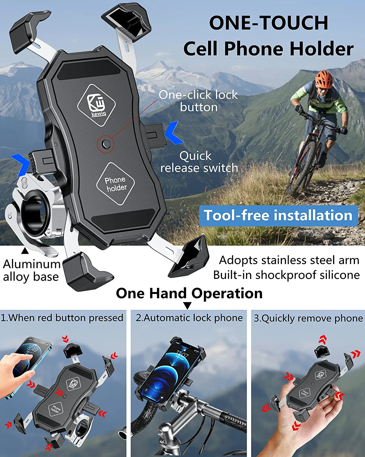 Bike Phone Mount,Motorcycle Phone Holder with Universal Adapter,Out Front  Bicycle Handlebar Mount for Mountain Bike,Scooter,Electric,MTB and Road